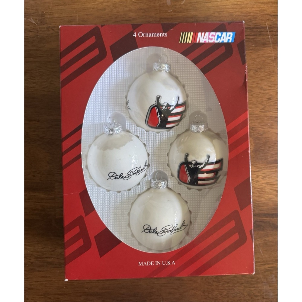 NASCAR Dale Earnhardt Christmas Ornament Set of 4 White Ball Ornaments